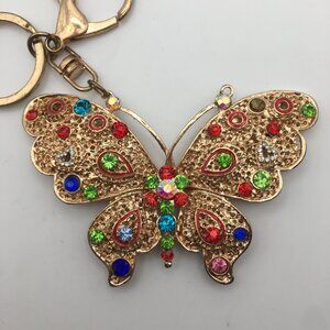 Key Chain Ring Colorful Fashion Jewelry Butterfly Rainbow Gold Rhinestone 3 1/2"